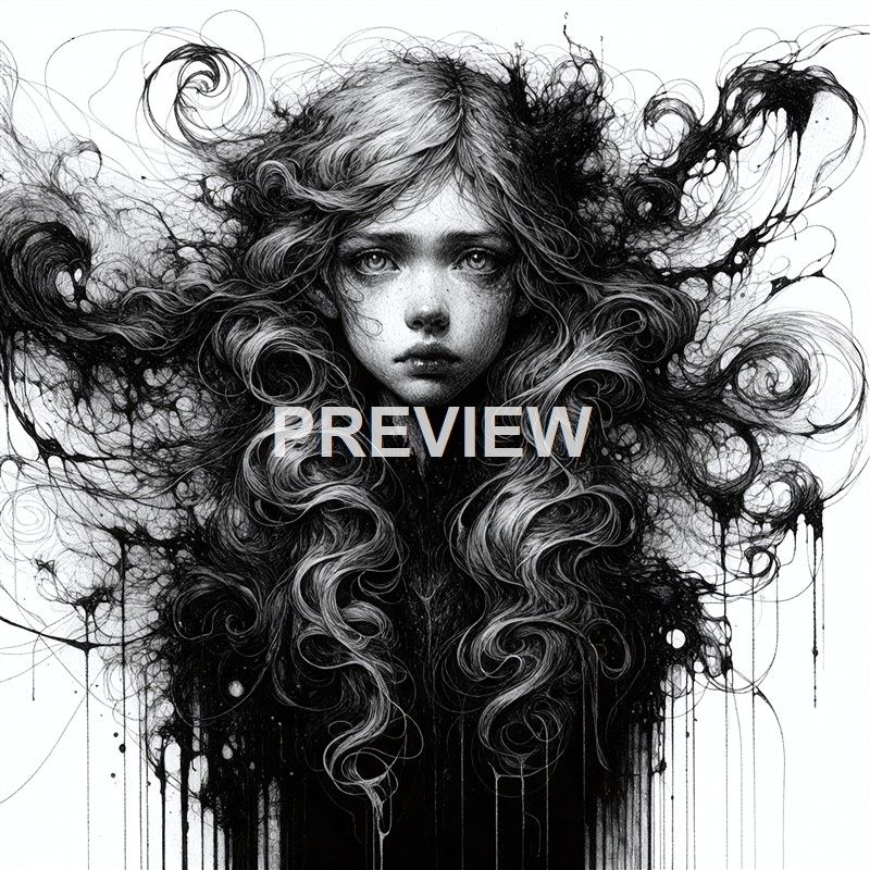 A monochrome artistic illustration of a young girl with long, flowing, curly hair blending into abstract ink splatters and swirls surrounding her face.